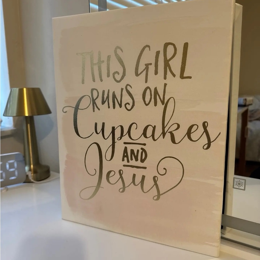 Hobby Lobby Pink and Gold "This Girl Runs On Cupcakes And Jesus" Wall Art